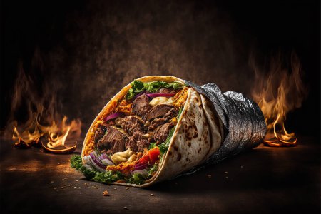Photo for Turkish fast food delicious homemade shawarma. Burrito wrap with chicken and vegetables on a cutting board, against a dark background, Mexican shawarma. - Royalty Free Image