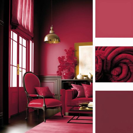 Photo for Living room interior on Trendy Pantone 18-1750 viva magenta color., monochrome background. Color of the year 2023. - Royalty Free Image