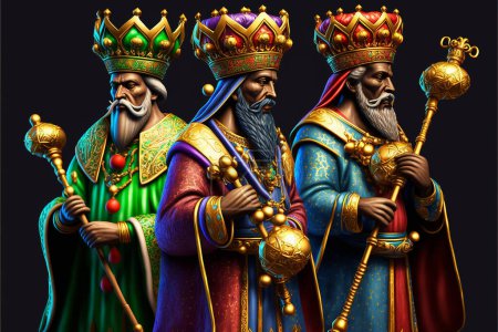 Photo for Illustration of isolated three kings men wearing traditional colorful tunics and beautiful crowns while holding wands and gifts. January 6th Kings day concept. - Royalty Free Image