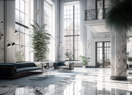 Photo for Living room interior design of luxury Lavish apartment with marble floor, high ceilings and high glass windows. Art deco concept. - Royalty Free Image