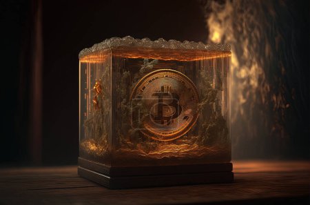 Photo for Bitcoin digital currency blockchain concept on a wooden background in a transparent box. Financial freedom concept. - Royalty Free Image