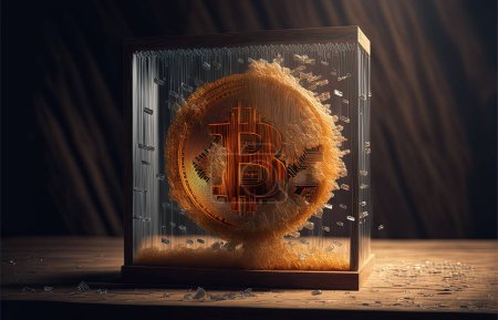 Photo for Bitcoin digital currency blockchain concept on a wooden background in a transparent box. Financial freedom concept. - Royalty Free Image