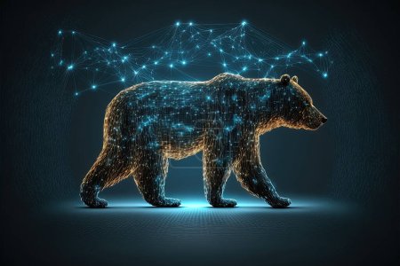 Foto de Majestic bear symbolizing the bear market in cryptocurrencies. Cryptocurrency symbol with peer to peer network background. - Imagen libre de derechos