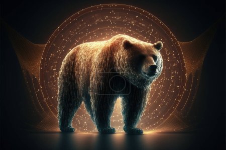 Téléchargez les photos : Majestic bear symbolizing the bear market in cryptocurrencies. Cryptocurrency symbol with peer to peer network background - en image libre de droit