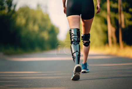 Photo for Unrecognizable disabled woman with artificial prosthetic leg taking a walk along the path in sunset outdoors. - Royalty Free Image