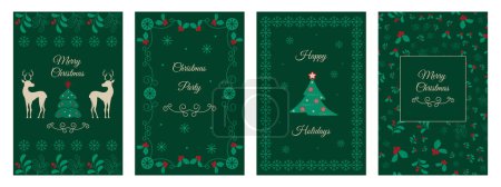 Photo for Universal templates for Christmas cards, greetings and corporate invitations with floral ornament frames, deer and holly branches. Vector illustration. Flat design.. - Royalty Free Image