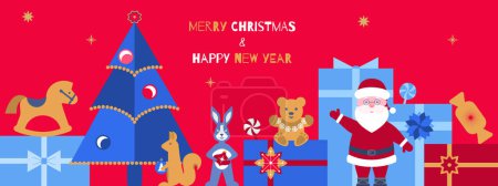 Photo for Vector illustration of Merry Christmas and Happy New Year greeting card. Flat, geometric design with Christmas tree, toys, gifts, rabbit. Template for congratulations and invitations, banner, poster. - Royalty Free Image