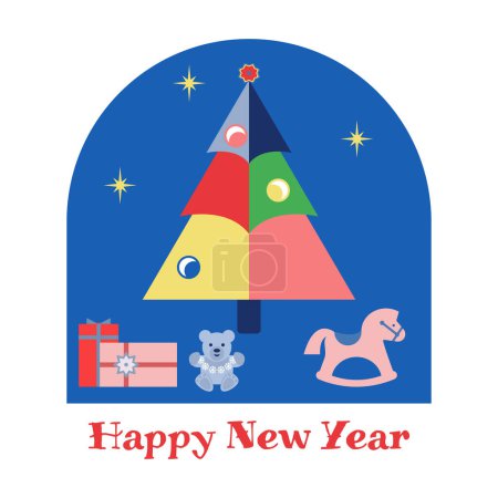 Photo for Vector illustration of Merry Christmas and Happy New Year greeting card. Flat, geometric design with Christmas tree, toys, gifts. Template for congratulations and invitations, banner, poster.. - Royalty Free Image