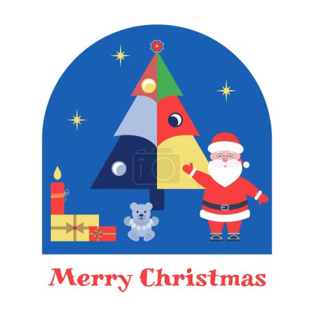 Photo for Vector illustration of Merry Christmas greeting card. Flat, geometric design with Christmas tree, toys, gifts. Template for congratulations and invitations, banner, poster.. - Royalty Free Image
