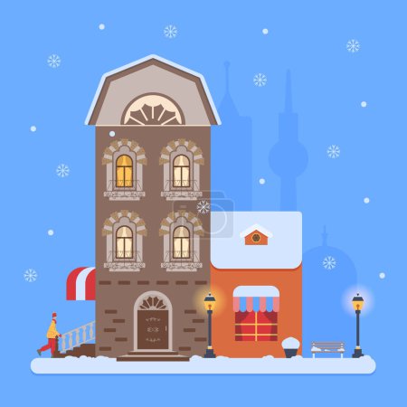 Photo for Vector illustration of a winter cityscape. Panorama of the city, winter street, man. Template for congratulations and invitations, banner, poster, postcard. - Royalty Free Image