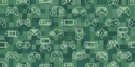 Illustration for Video game controller background Gadgets and devices seamless green pattern Pixel Art style - Royalty Free Image
