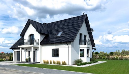 Elegante casa unifamiliar moderna con césped limpio y sin valla. Concepto inmobiliario, estilo europeo, ubicado en Polonia.