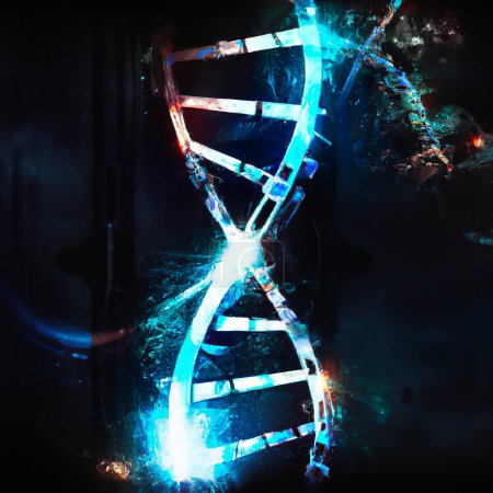 Photo for DNA helix, Deoxyribonucleic acid is a thread-like chain of nucleotides carrying the genetic instructions used in the growth, development of all known living organisms. 3d rendering. HUD, cyberpunk, futuristic - Royalty Free Image