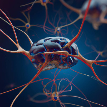 Photo for Microscopic view of neurons. Brain connections. Synapses. Communication and cerebral stimulus. Neural network circuit, degenerative diseases, Parkinson, Alzheimer. 3d rendering - Royalty Free Image