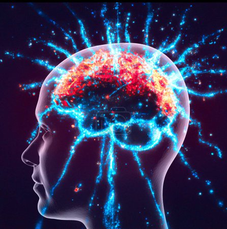 Neurologie, Philosophie: Verbindungen, die Entwicklung von Denken und Reflexion, die unendlichen Möglichkeiten von Gehirn und Geist. Menschliche Anatomie. Digitale Realität, künstliches Bewusstsein. 3D-Darstellung