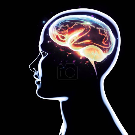 Foto de Neurología, filosofía: conexiones, el desarrollo del pensamiento y la reflexión, las infinitas posibilidades del cerebro y la mente. Anatomía humana. Realidad digital, conciencia artificial. renderizado 3d - Imagen libre de derechos
