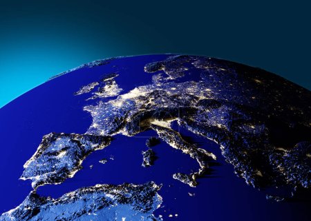 Physical map of the world, satellite view of Europe and North Africa. Night view. City lights. Globe. Hemisphere. Reliefs and oceans. 3d rendering. Elements of this image are furnished by NASA