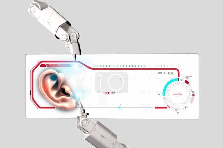 Téléchargez les photos : Robotic arm and transparent display. Hud. Ear study. Hearing problems and solutions. Ultrasound. Deafness. Advancing age and hearing loss. 3d rendering. Sense of hearing - en image libre de droit