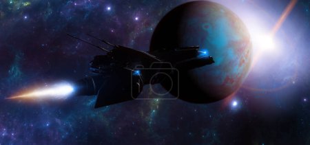 Foto de Spaceship traveling between planets of distant galaxies. Exploration of planets. Sci-fi. Conquer new worlds. Technological innovation and intergalactic travel. 3d rendering - Imagen libre de derechos
