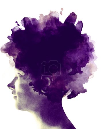 Photo for Face seen from the side. Brain problems. Degenerative disease. Bipolar disorder, illness, concept, double personality, schizophrenia. Thoughts and voices. Cloud effect particles. 3d rendering - Royalty Free Image