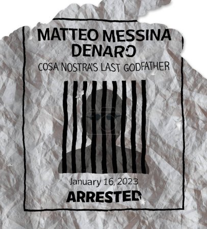 Photo for Arrest of super-fugitive Matteo Messina Denaro, mafia, mob, godfather of Cosa Nostra. Boss of bosses. The arrest took place on January 16, 2023 by the Prosecutor of Palermo. Italy. 3d rendering - Royalty Free Image