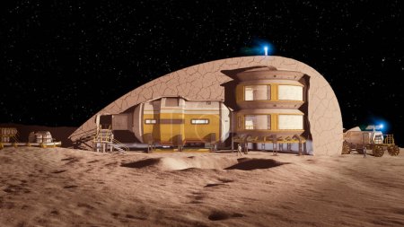 Photo for Lunar base, spatial outpost. First settlement on the moon. Space missions. Living modules for the conquest of space in the lunar subsoil. 3d rendering. Moon soil. Lunar ark. Lava tube, regolith - Royalty Free Image