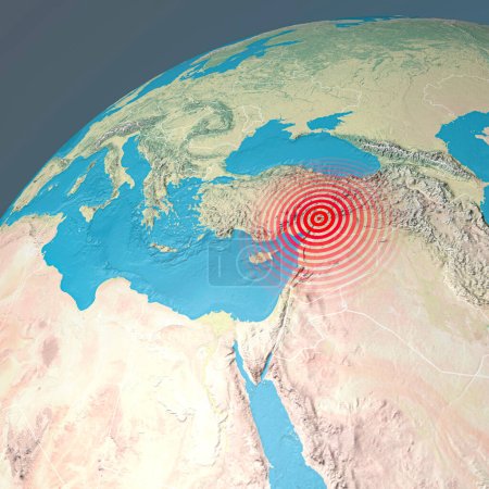 Mapa del terremoto en Turquía y Siria, temblor, elementos de esta imagen son proporcionados por la NASA. Tierra golpeada por un fuerte terremoto de magnitud. 7.8-Magnitud Terremoto golpea Turquía, 3d renderizado