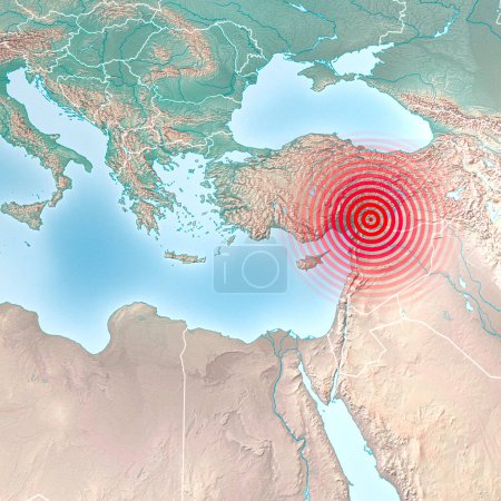 Carte sismique en Turquie et en Syrie, secouer, éléments de cette image sont fournis par la NASA. Terrain frappé par un fort tremblement de terre. 7.8-Tremblement de terre de magnitude frappe la Turquie, rendu 3d
