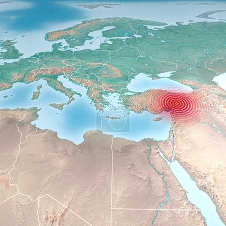 Erdbebenkarte in der Türkei und Syrien, zittern, Elemente dieses Bildes werden von der NASA geliefert. Ein starkes Erdbeben hat Land erschüttert. Erdbeben der Stärke 7,8 erschüttert die Türkei, 3D-Darstellung