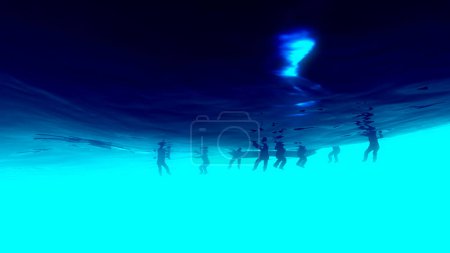 Téléchargez les photos : Refugees at sea asking for help, migrants crossing the sea on small boats. Underwater view of people swimming for their lives, 3d rendering - en image libre de droit