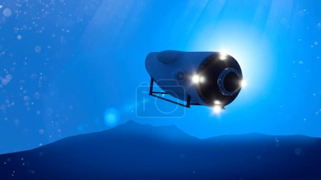 Ein Touristen-U-Boot ist im Nordatlantik verschwunden. Vermisstes U-Boot. Mini-bemanntes U-Boot zur Erkundung des Meeresbodens. Meeresboden und U-Boot in großer Tiefe, 3D-Rendering