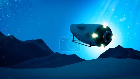 Ein Touristen-U-Boot ist im Nordatlantik verschwunden. Vermisstes U-Boot. Mini-bemanntes U-Boot zur Erkundung des Meeresbodens. Meeresboden und U-Boot in großer Tiefe, 3D-Rendering