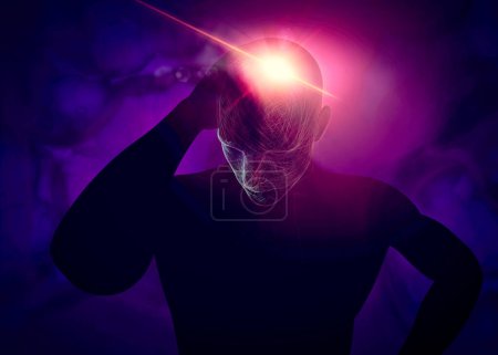 Photo for Skull, pain, headaches, neurons, synapses, neural network, brain, neuron circuit, degenerative diseases, Parkinson's disease. Person with headache, pain in the back of the head, 3d rendering - Royalty Free Image