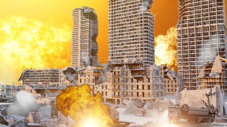 Military raid land and air attack. Forces in the field, fighting in the streets of the cities. Buildings destroyed. Sensitive targets. Missile explosions. 3d rendering