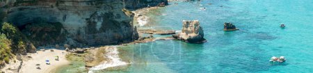 Photo for Aerial view of Petri i Mulinu beach and Skeleton Cave, Tropea, Calabria, Italy. Promontory overlooking the sea, panoramic view. Transparent sea - Royalty Free Image