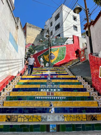 Photo for Rio de Janeiro, Brazil, 06-08-2023: view of the Escadaria Selaron, a world famous steps in Lapa district, free and public work of Chilean artist Jorge Selaron (1947-2013) who claimed it as tribute to Brazilian people - Royalty Free Image