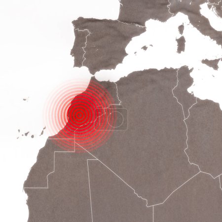 Carte du séisme au Maroc, montagnes de l'Atlas, tremblement de terre, éléments de cette image sont fournis par la NASA. Terrain frappé par un fort tremblement de terre. Rendu 3d