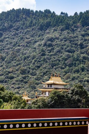 Téléchargez les photos : Pharping, Népal, 10-10-2023 : vue du monastère de Dollu, monastère tibétain au milieu de la forêt, vue du monastère de Guru Rinpoché (Padmasambhava) - en image libre de droit