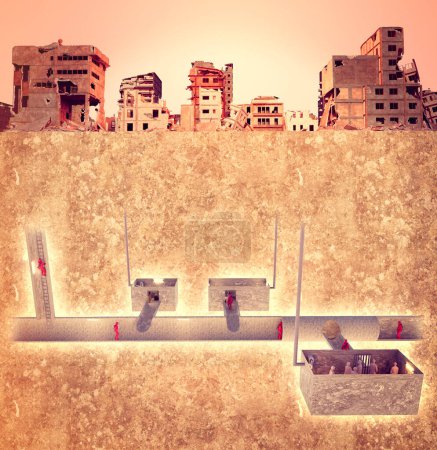Foto de Ciudad del Medio Oriente, edificios bombardeados y destruidos. Operaciones militares. Franja de Gaza Túneles subterráneos para escapar y esconderse, también utilizados para el transporte de mercancías y para retener prisioneros. renderizado 3d - Imagen libre de derechos