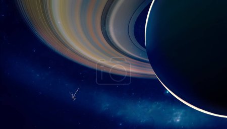 Téléchargez les photos : Vue de la planète Saturne avec anneaux. Sonde Voyager en exploration autour de la planète. Système solaire. 3d rendu. Élément de cette image est fourni par Nasa - en image libre de droit