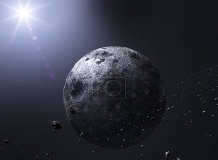 Planet und Asteroid. Asteroid umkreist einen Planeten. Neue Welten und Galaxien, Entdeckungen neuer Planeten. 3D-Darstellung
