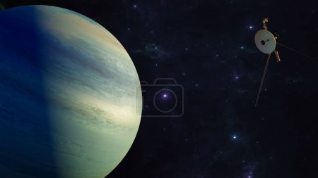 View of the planet Neptune. Voyager probe in exploration around the planet. Solar system. 3d rendering. Element of this image is furnished by Nasa