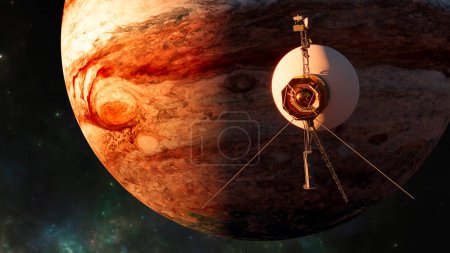 View of the planet Jupiter. Voyager probe in exploration around the planet. Solar system. 3d rendering. Element of this image is furnished by Nasa