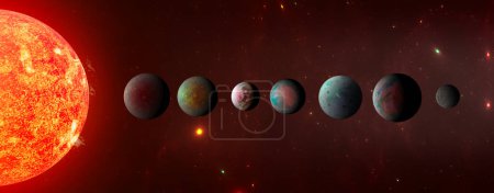 Photo for Trappist-1 is a cool red dwarf star with seven known exoplanets, It lies in the constellation Aquarius about 40.66 light-years away from Earth, 3d rendering - Royalty Free Image