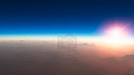 Aerial view of the sun above the clouds, space stratosphere, light and solar reflections on the clouds. Global warming, climate change. Ozone hole. Mountain range