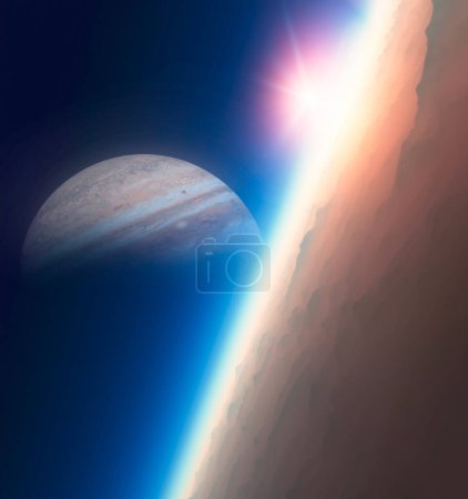 Téléchargez les photos : Vue sur la planète Jupiter. Jupiter vu depuis une de ses lunes. Système solaire. Rendement 3D. Élément de cette image est fourni par Nasa - en image libre de droit