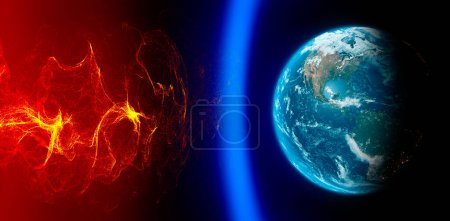 Téléchargez les photos : Soleil et tempête solaire, champ magnétique terrestre, Terre et vent solaire, flux de particules. Hausse des températures. Le réchauffement climatique. Trou d'ozone. Rendu 3d - en image libre de droit
