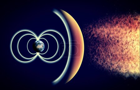 Sonne und Sonnensturm, Erdmagnetfeld, Erde und Sonnenwind, Teilchenfluss. Steigende Temperaturen. Die globale Erwärmung. Ozonloch. 3D-Darstellung. Element dieses Bildes stammt von der Nasa