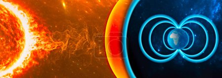 Sun and solar storm, Earth's magnetic field, Earth and solar wind, flow of particles. Rising temperatures. Global warming. Ozone hole. 3d rendering. Element of this image is furnished by Nasa