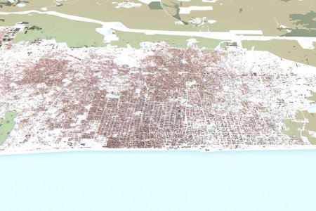 Vista aérea de la ciudad de Gaza en la Franja de Gaza, vista 3D del mapa con casas calles y edificios. renderizado 3d